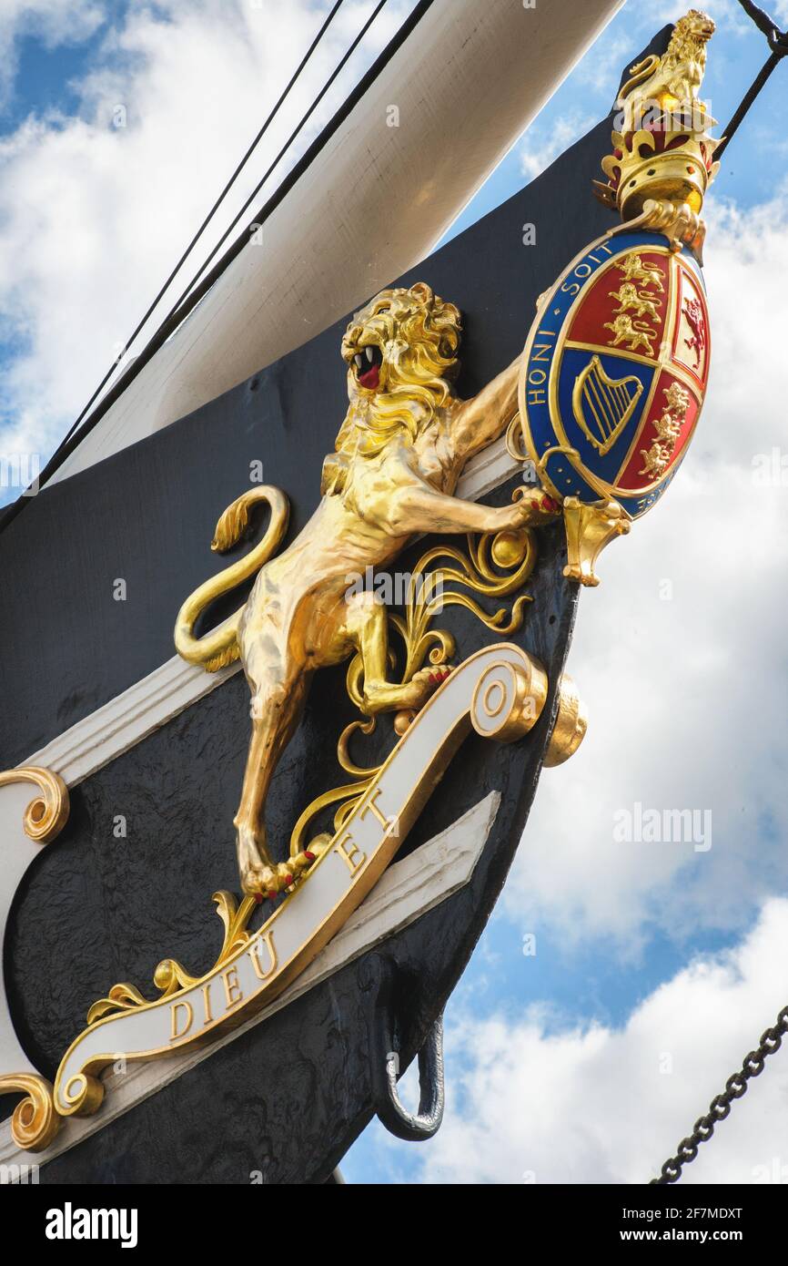 Prow of the SS Great Britain bearing the British Lion and the Royal coat of arms - Bristol floating harbour UK Stock Photo