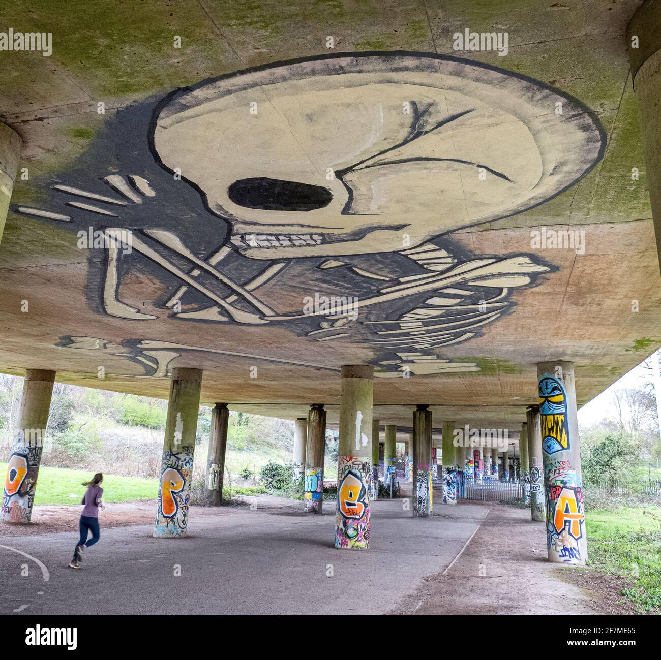 The Cumberland Basin flyover in Bristol UK is a popular site for graffiti artists who have used every availabe space Stock Photo