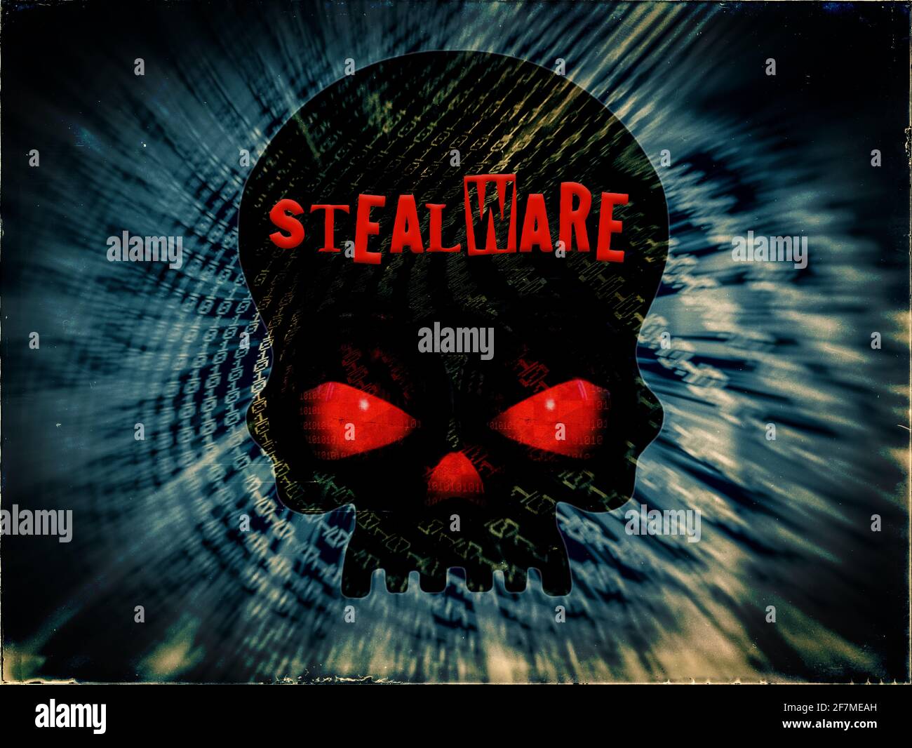 Stealware displayed on a Black Skull with red eyes, Binary code blue background Stock Photo