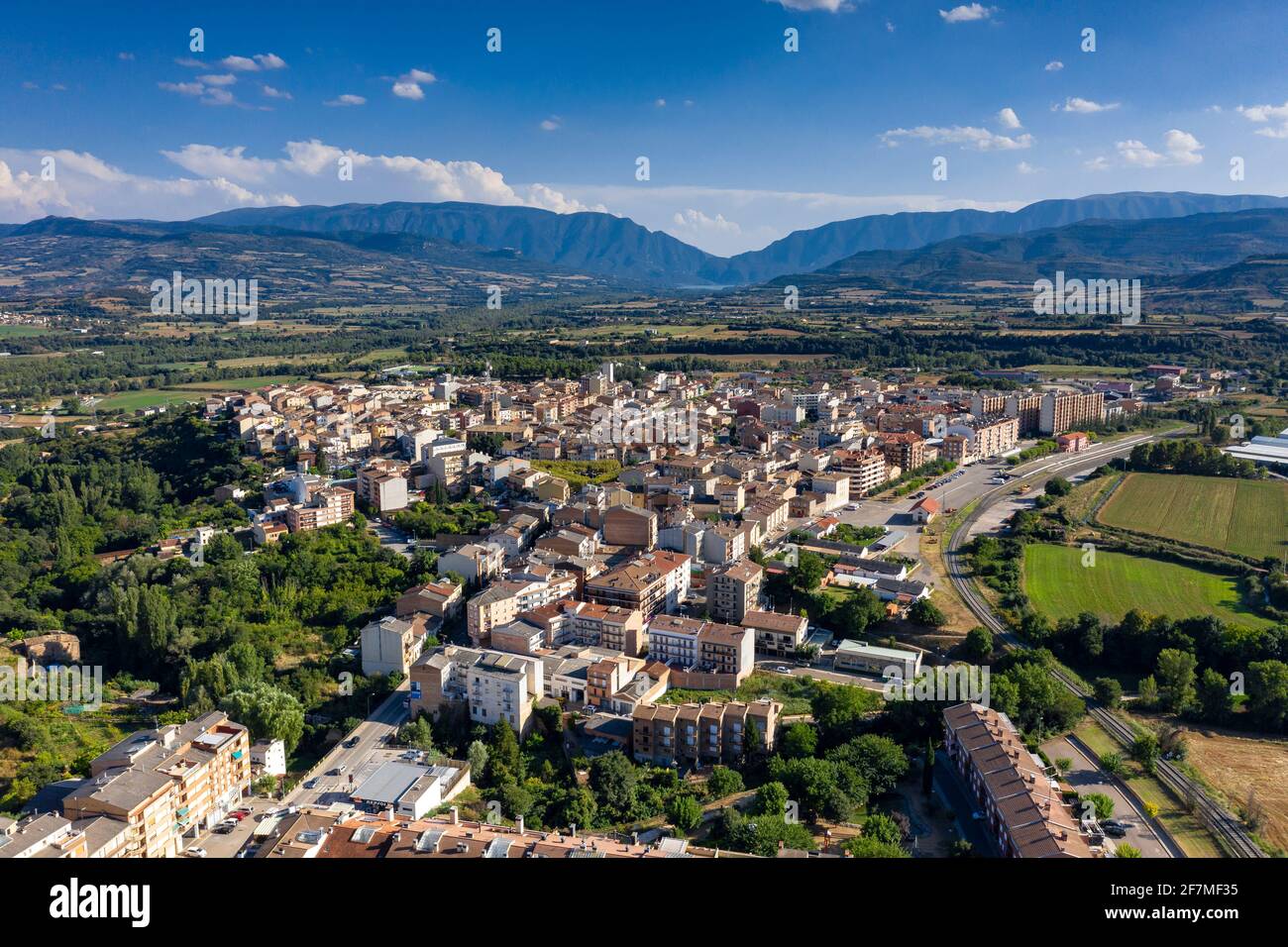 Tremp city aerial views with the Montsec mountain range in the background (Lleida Province, Catalonia, Spain, Pyrenees) Stock Photo