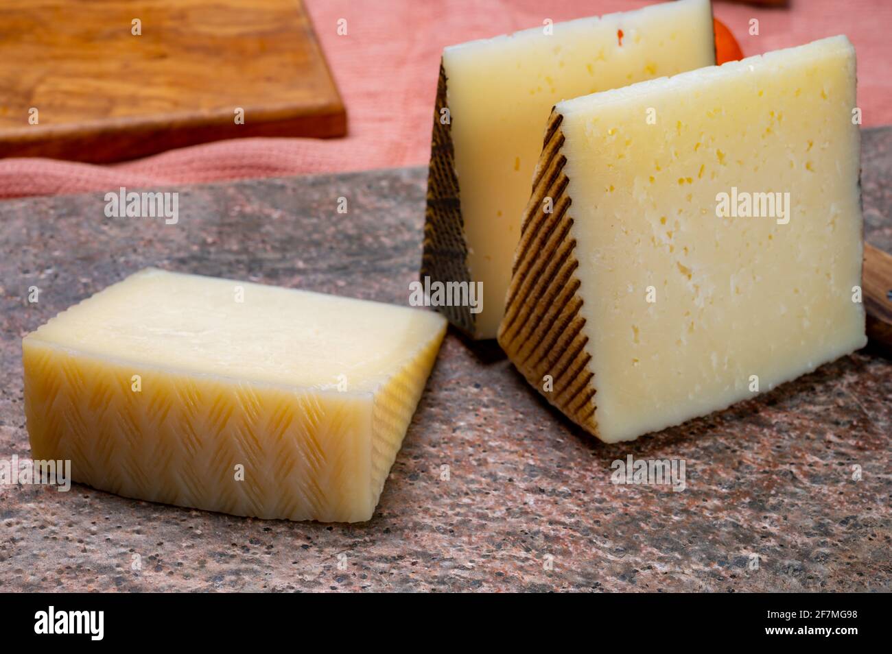Cheese collection, pieces of hard Spanish manchego curado, viejo and