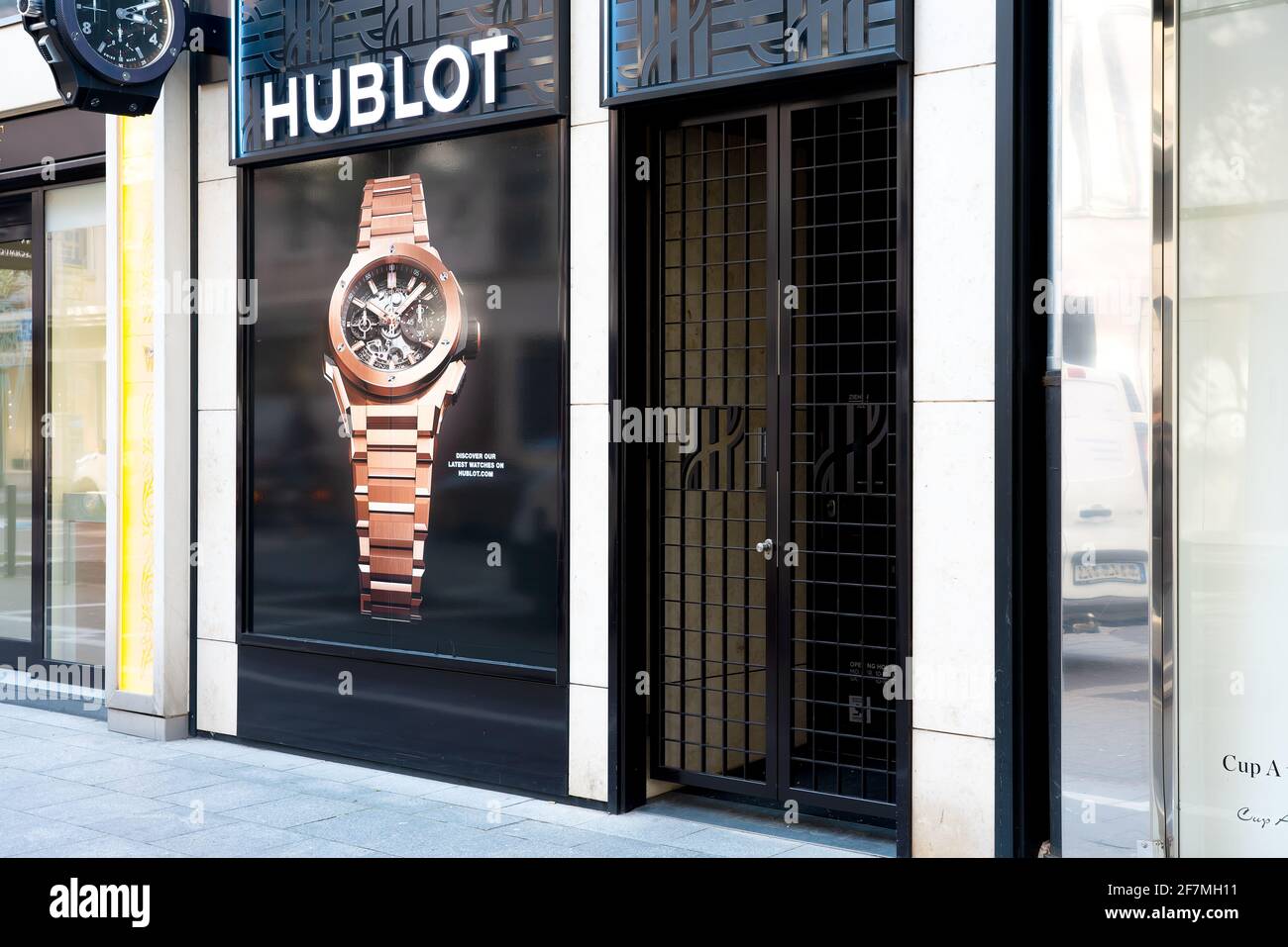 Frankfurt 03/2020: Hublot closed due to Corona pandemic. Hublot high-end Swiss fashion watch jewelry store/shop front logo in Frankfurt Germany. Stock Photo