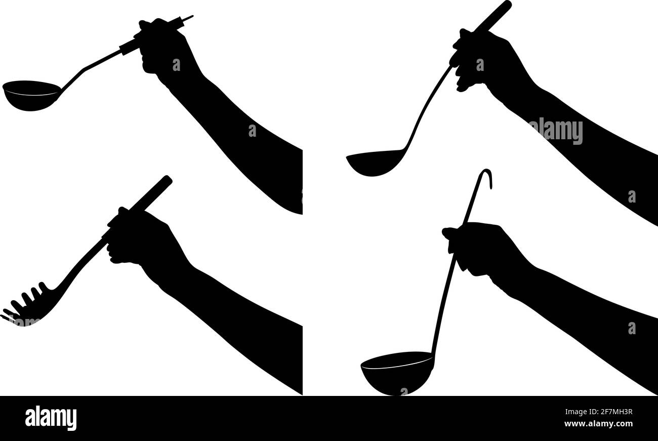 Collection of hands holding ladles isolated on white Stock Vector Image