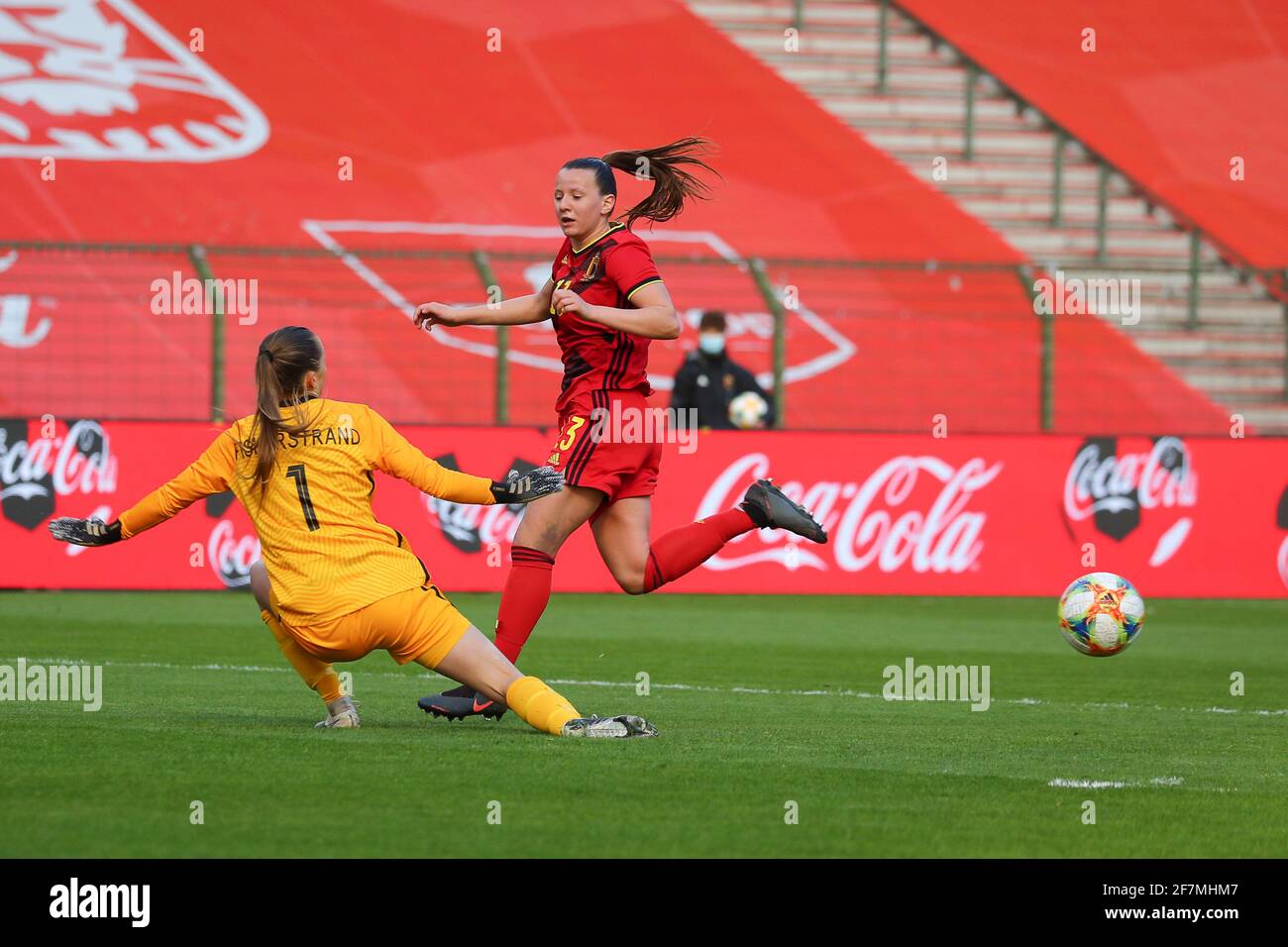 Brussels, Belgium. 08th Apr, 2021. Hannah Eurlings (13) of Belgium and goalkeeper Cecilie Fiskerstrand (1) of Norway pictured during a Womens International Friendly game between Belgium, called the Red Flames and Norway at Koning Boudewijnstadion in Brussels, Belgium. Photo Sportpix.be/SPP Credit: SPP Sport Press Photo. /Alamy Live News Credit: SPP Sport Press Photo. /Alamy Live News Stock Photo