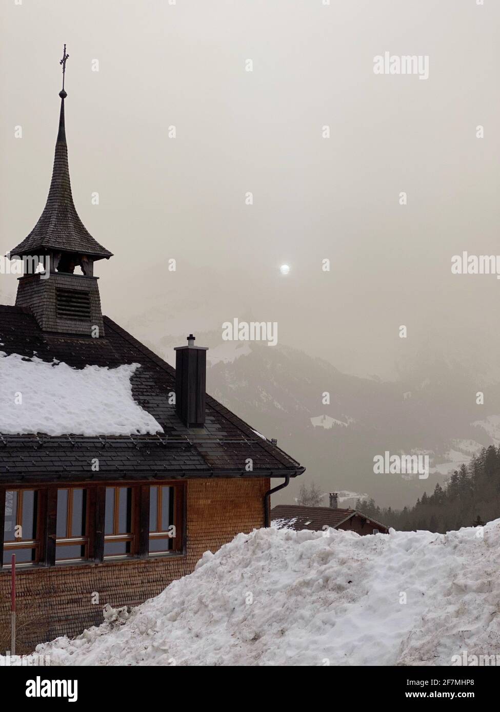 Sahara sand air pollution in Swiss mountain in wintertime. Bernese oberland, Hohfluh Switzerland - 06.February 2021. Stock Photo