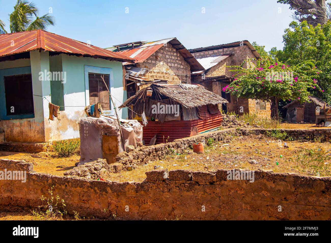 Typical stone houses in an African village on Wasini island. It is a small village in Kenya. Stock Photo