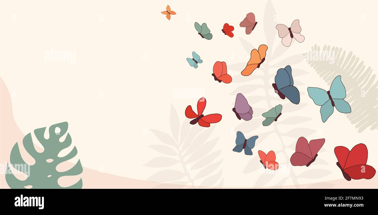 Illustration background or backdrop with many hand drawn colorful abstract butterflies.Trendy art wallpaper decoration with beautiful flying butterfly Stock Vector