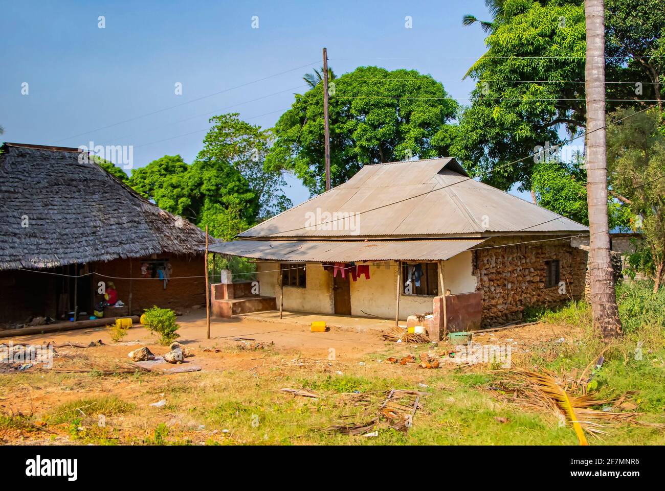 Typical stone houses in an African village on the road to Mombasa. It is a small village in Kenya. Stock Photo