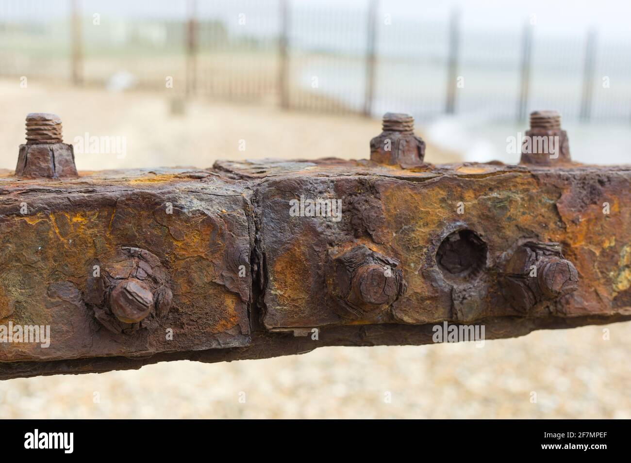 Abstract rusting structure at Shoeburyness beach, Essex, Britain, April ...