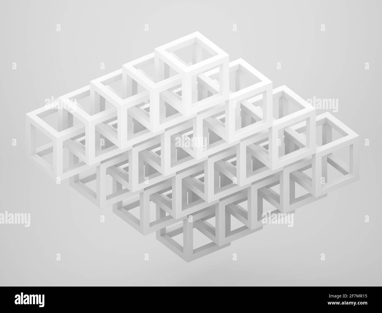 Abstract three dimensional cubical structure over light gray background, isometric view, 3d rendering illustation Stock Photo