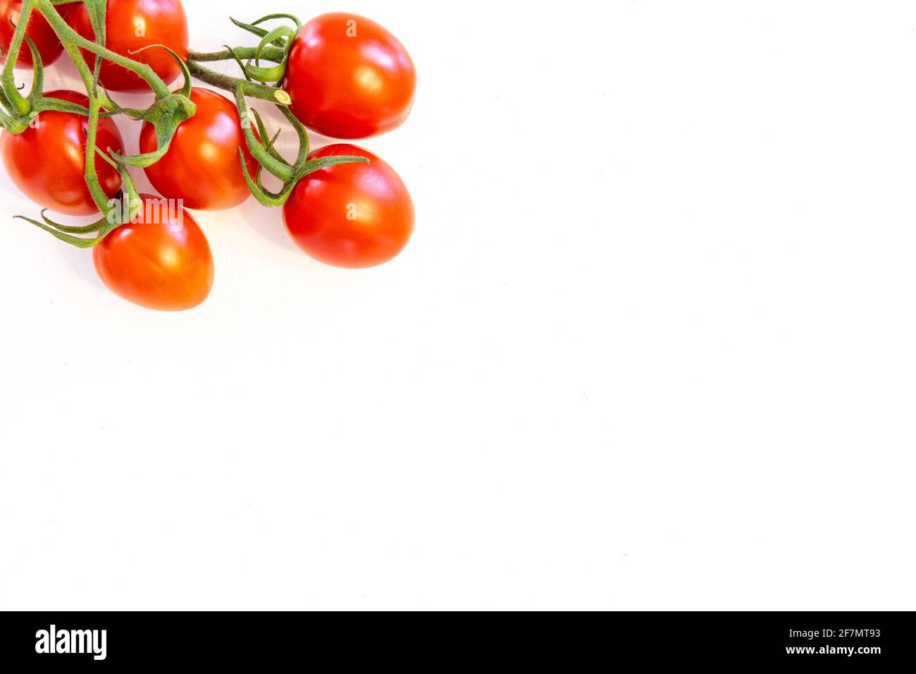 Branch of fresh cherry tomatoes isolated on white background with copy ...