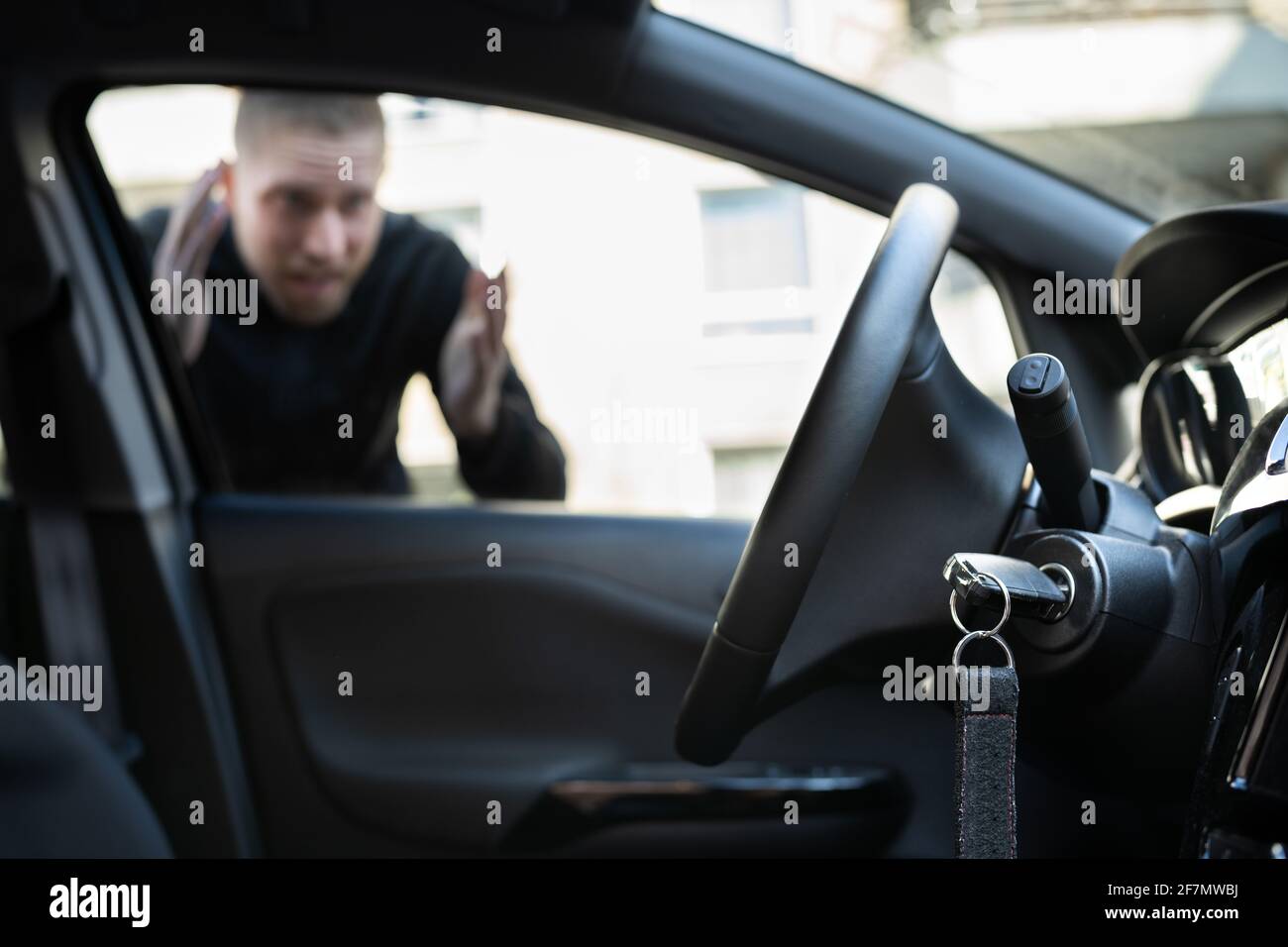 Car Key Lockout. Forgot Inside His Vehicle Stock Photo