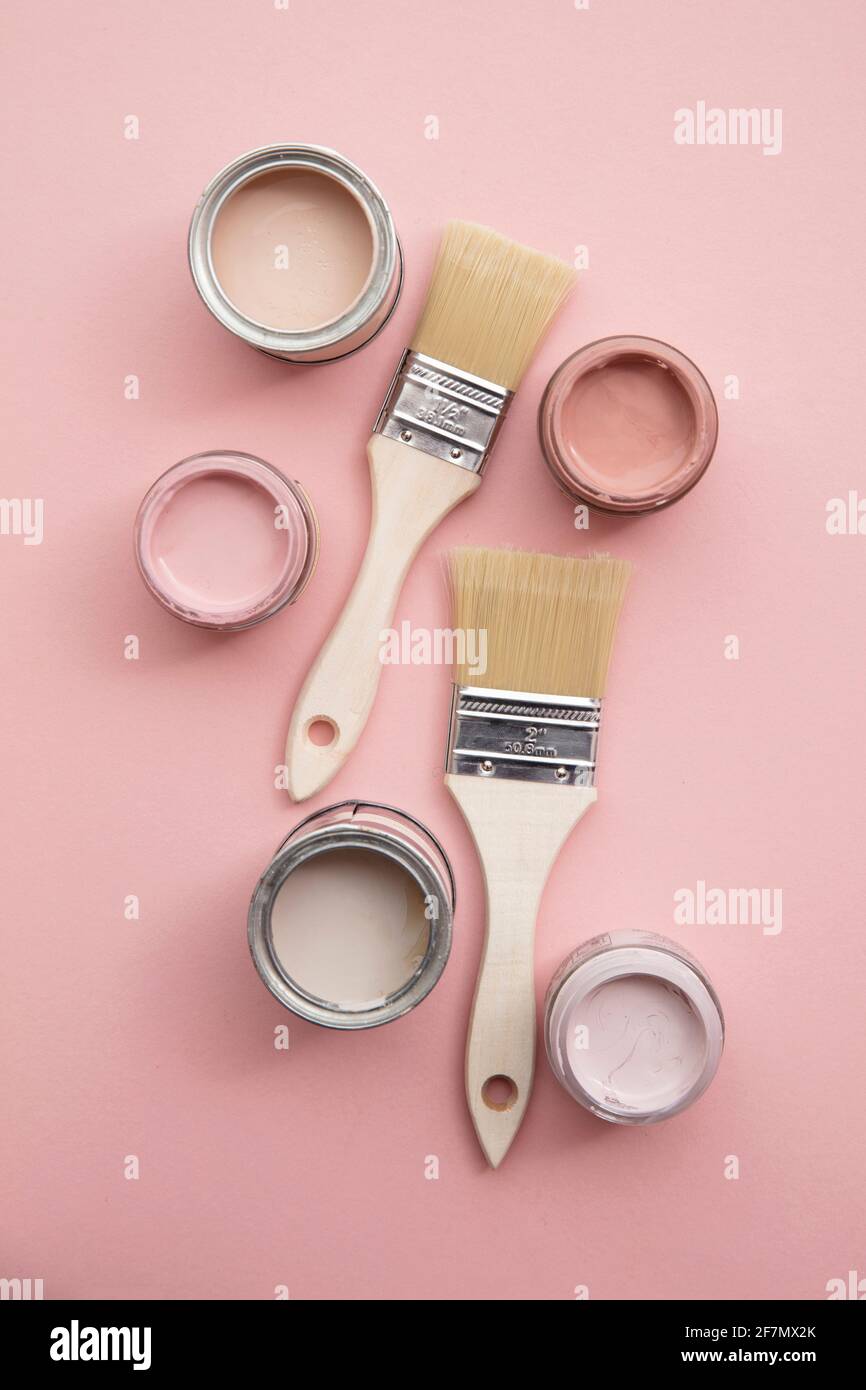 Overhead view of a DIY paint brush with pastel pink sample paint pots