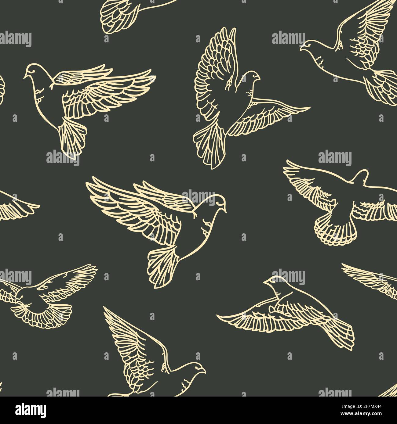Seamless pattern with painted doves on a dark background. Vector clipart Stock Vector