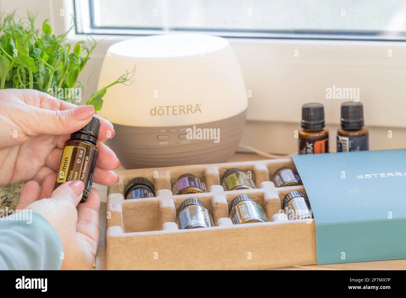Riga, Latvia - April 8, 2021: doTERRA Home Essentials Kit essential oils. Natural, quality essential oils. Stock Photo