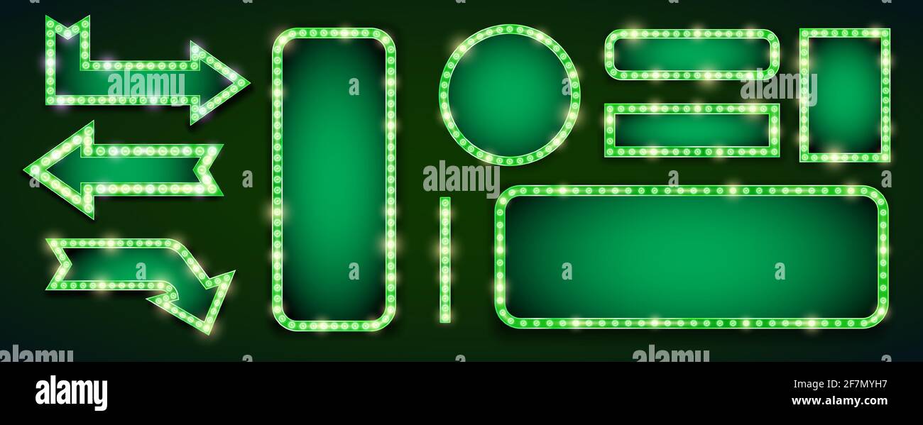 Retro style green frames and arrows signboard template. Lamps lighted vector illustration Stock Vector