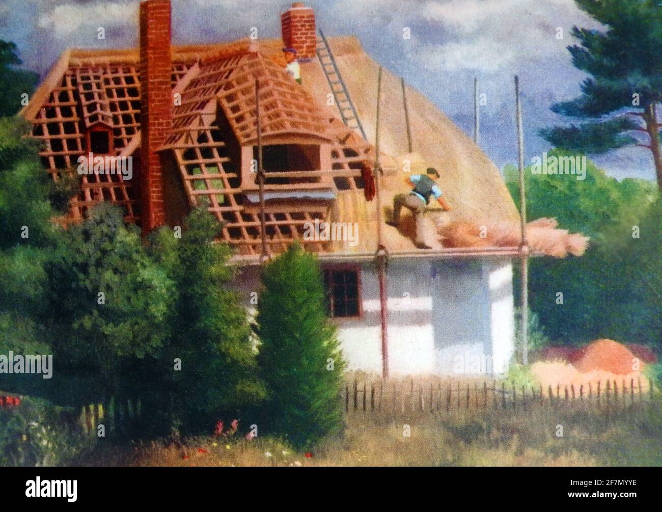 An old painting of  English thatchers at work on a country cottage. Stock Photo