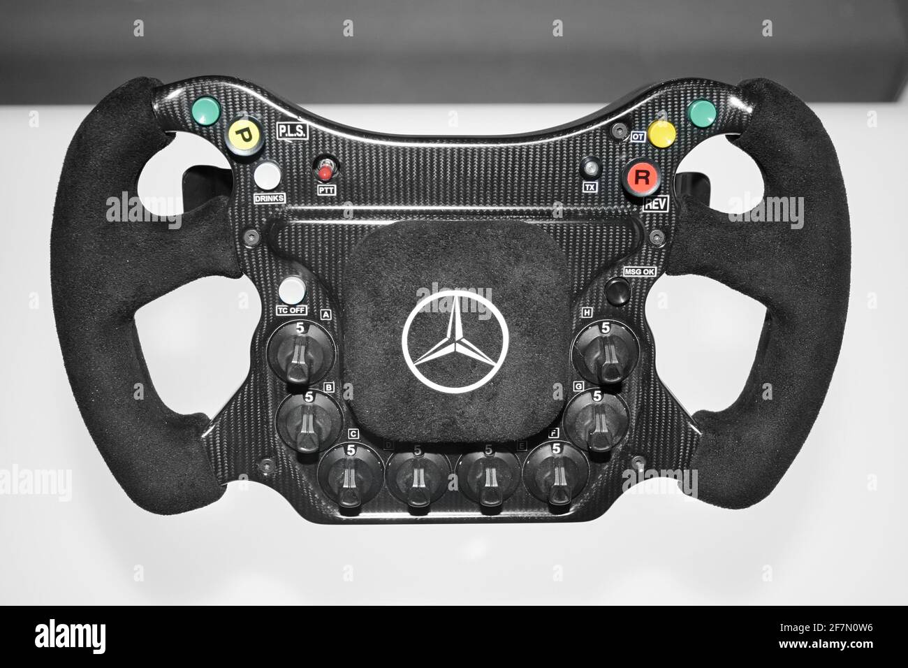 Steering Wheel from a McLaren-Mercedes MP 4-19 Formula One Racing Car from 2004, Mercedes Museum, Stuttgart, Germany Stock Photo