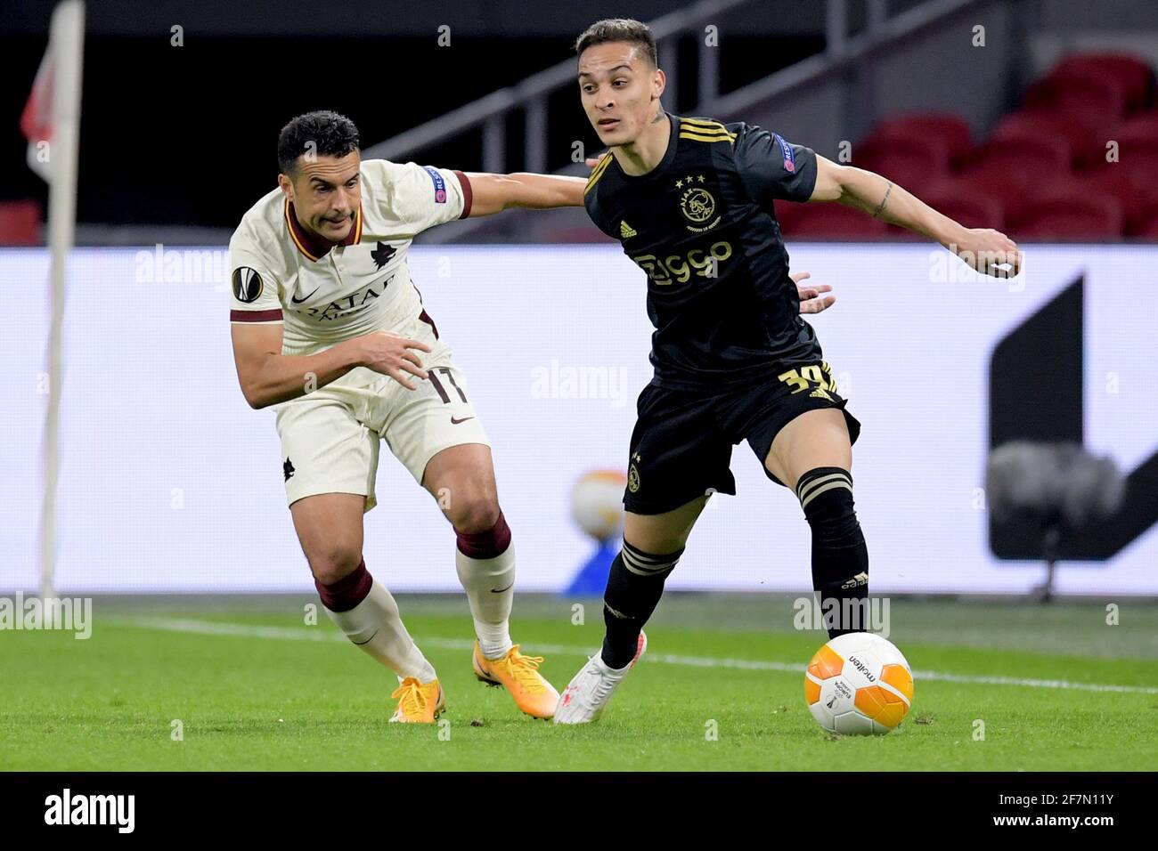 AMSTERDAM , NETHERLANDS - APRIL 8: Pedro Rodriguez of AS Roma, Antony of Ajax during the UEFA Europe League match between Ajax  and AS Roma  at Johan Stock Photo