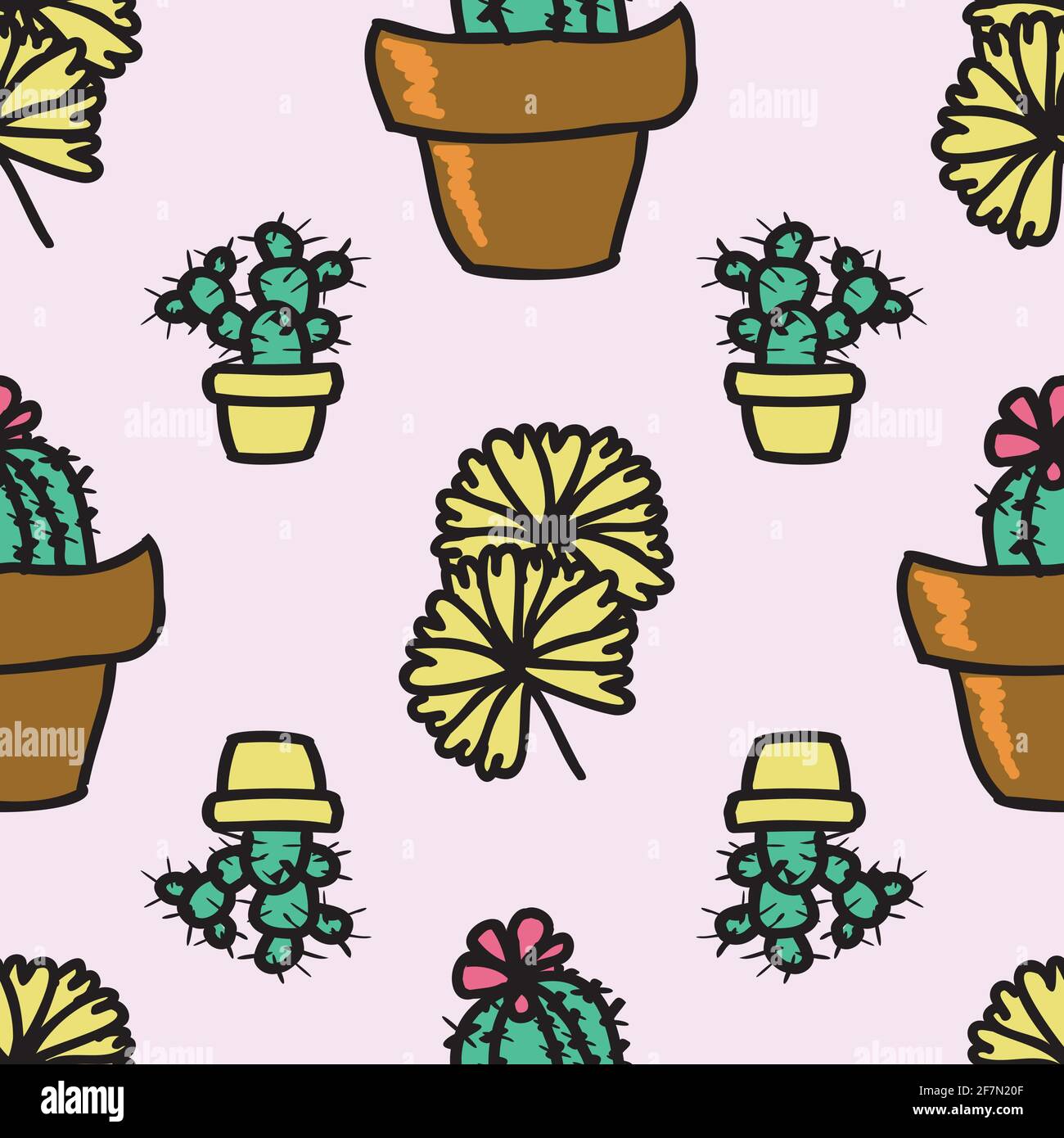 Vector pink background cactus plant in pot, succulents seamless pattern ...
