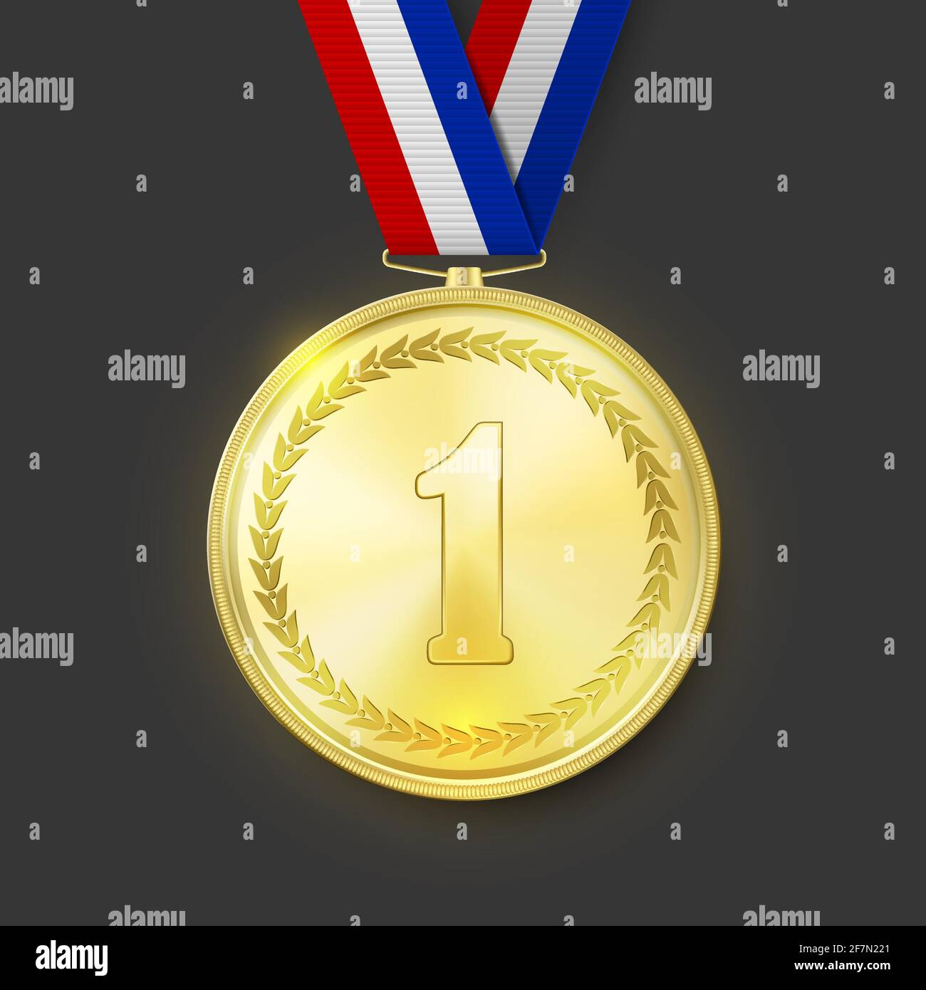 Vector 3d Realistic Shiny Golden Win Medal with Striped Ribbon on Dark Background. Victory Concept. Glow First Place Badge Closeup on Black Background Stock Vector