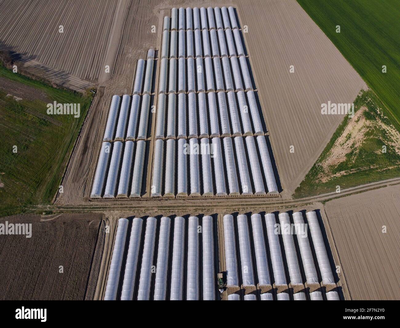 Intensive farming, aerial view of greenhouse fields Stock Photo