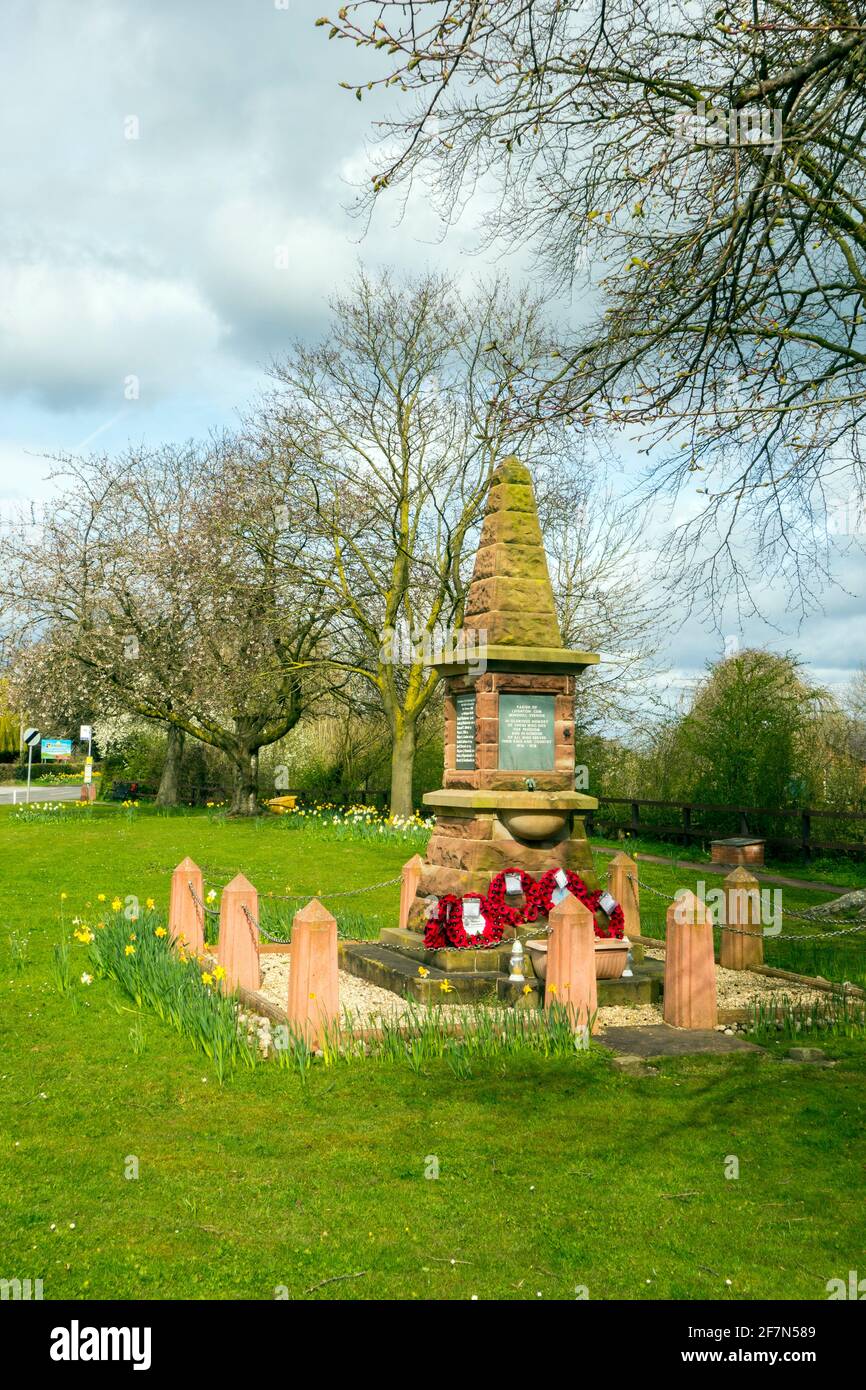 Man stood looking at the war memorial on the village green at  Bradfield Green near Crewe Cheshire Stock Photo