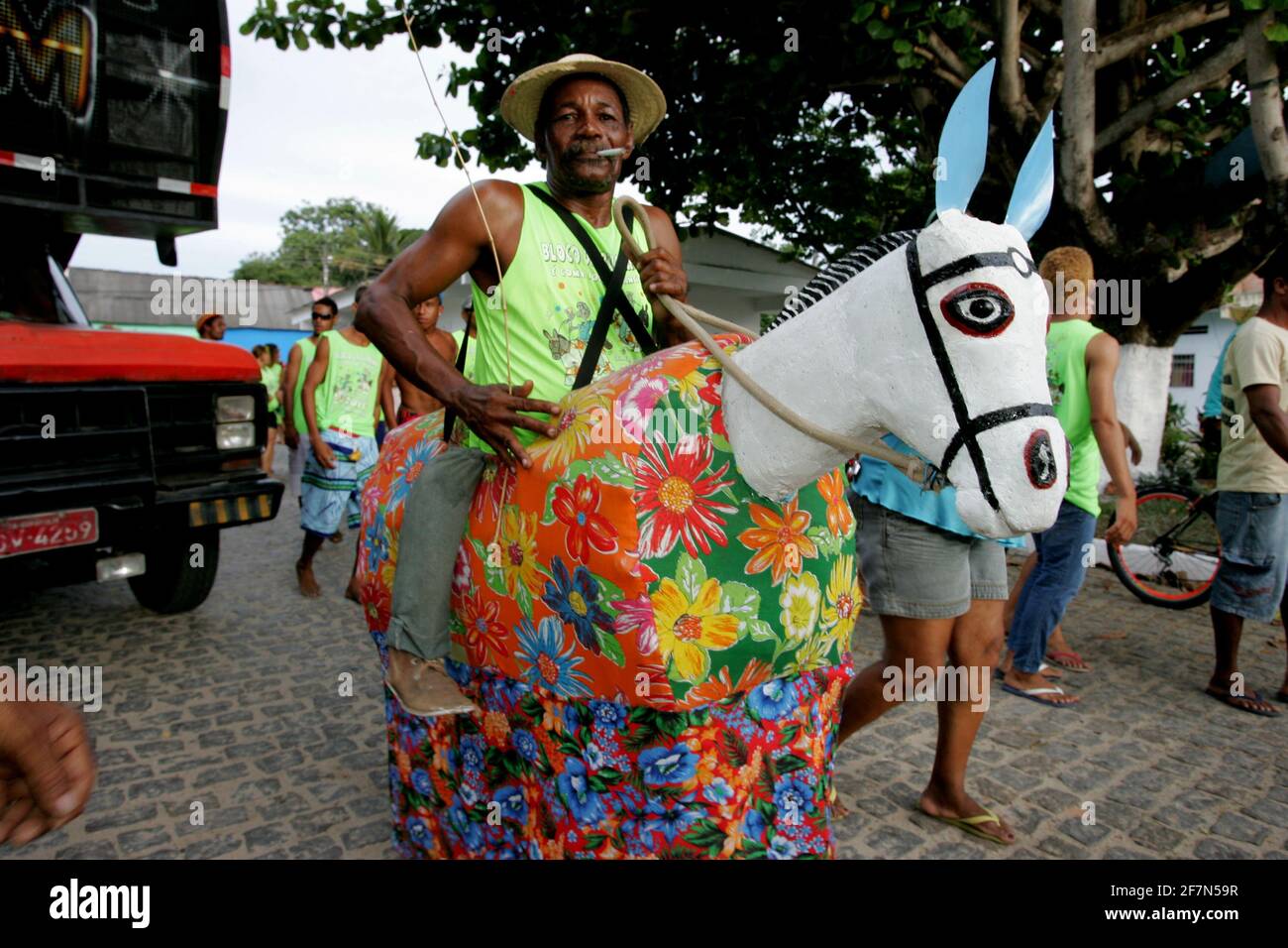 caravelas, bahia / brazil - march 5, 2011: members of the carnival block 'Burrinha' are seen in the Ponta de Areia district in the city of Caravelas. Stock Photo