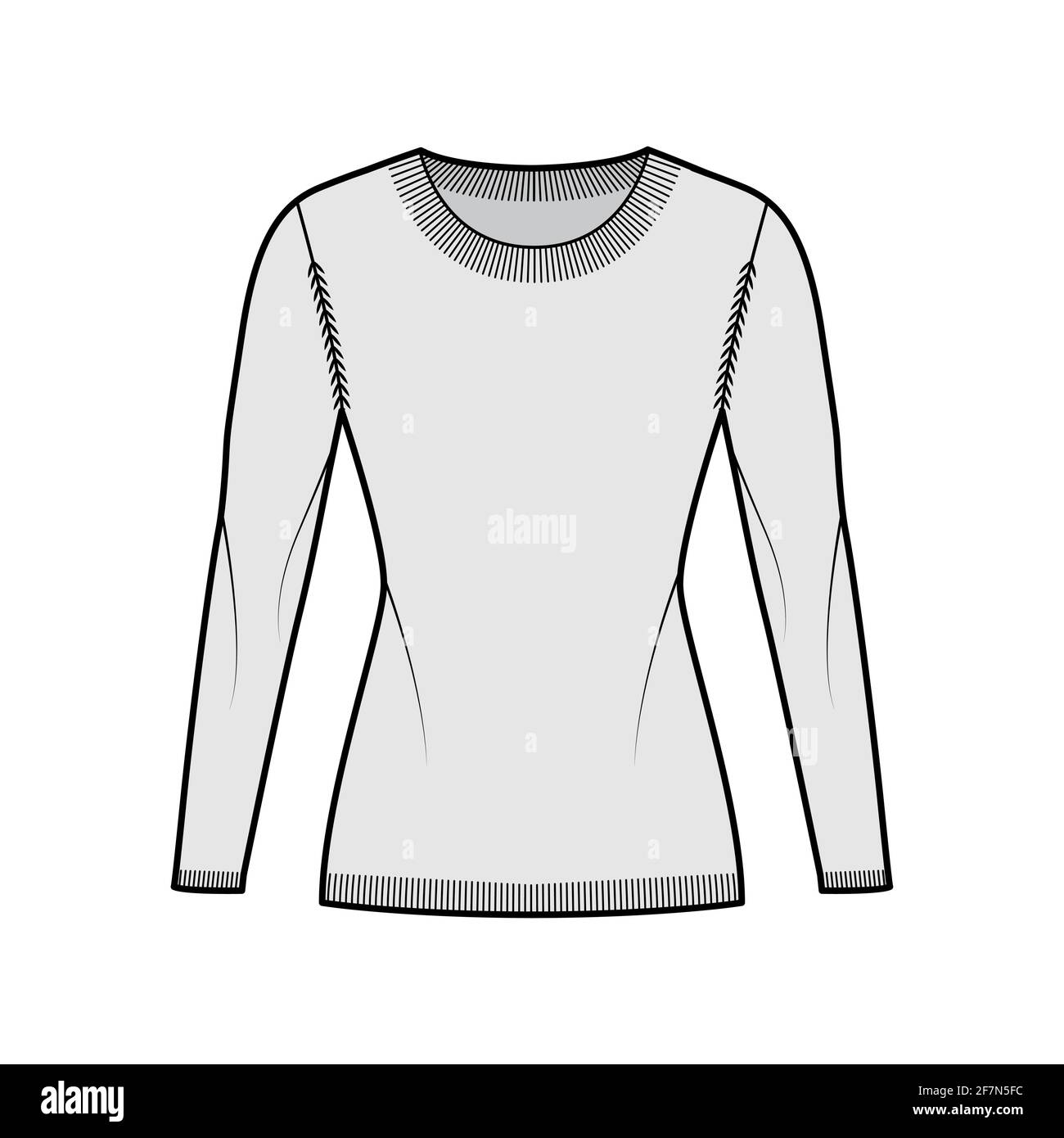 Round neck Sweater technical fashion illustration with long sleeves, fitted body, hip length, knit rib trim. Flat jumper apparel front, grey color style. Women men unisex CAD mockup Stock Vector