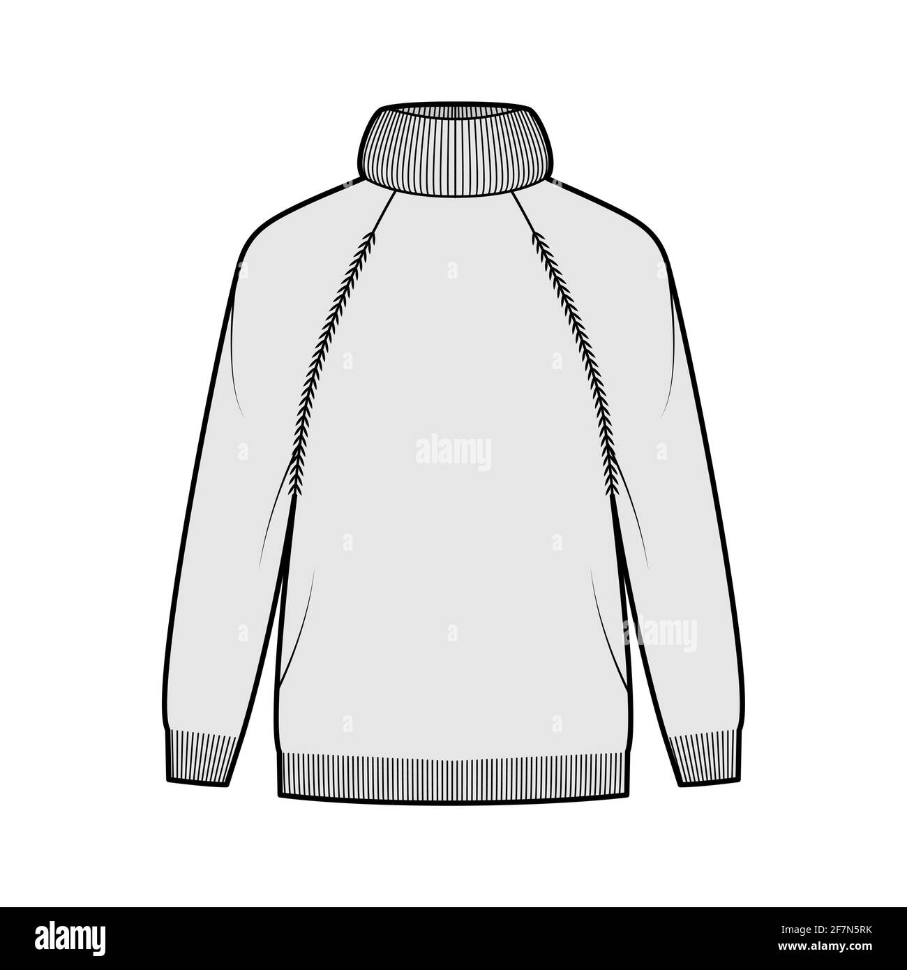 Sweater Exaggerated Turtleneck technical fashion illustration with long raglan sleeves, oversized, hip length, knit rib trim. Flat apparel front, grey color style. Women, men unisex CAD mockup Stock Vector