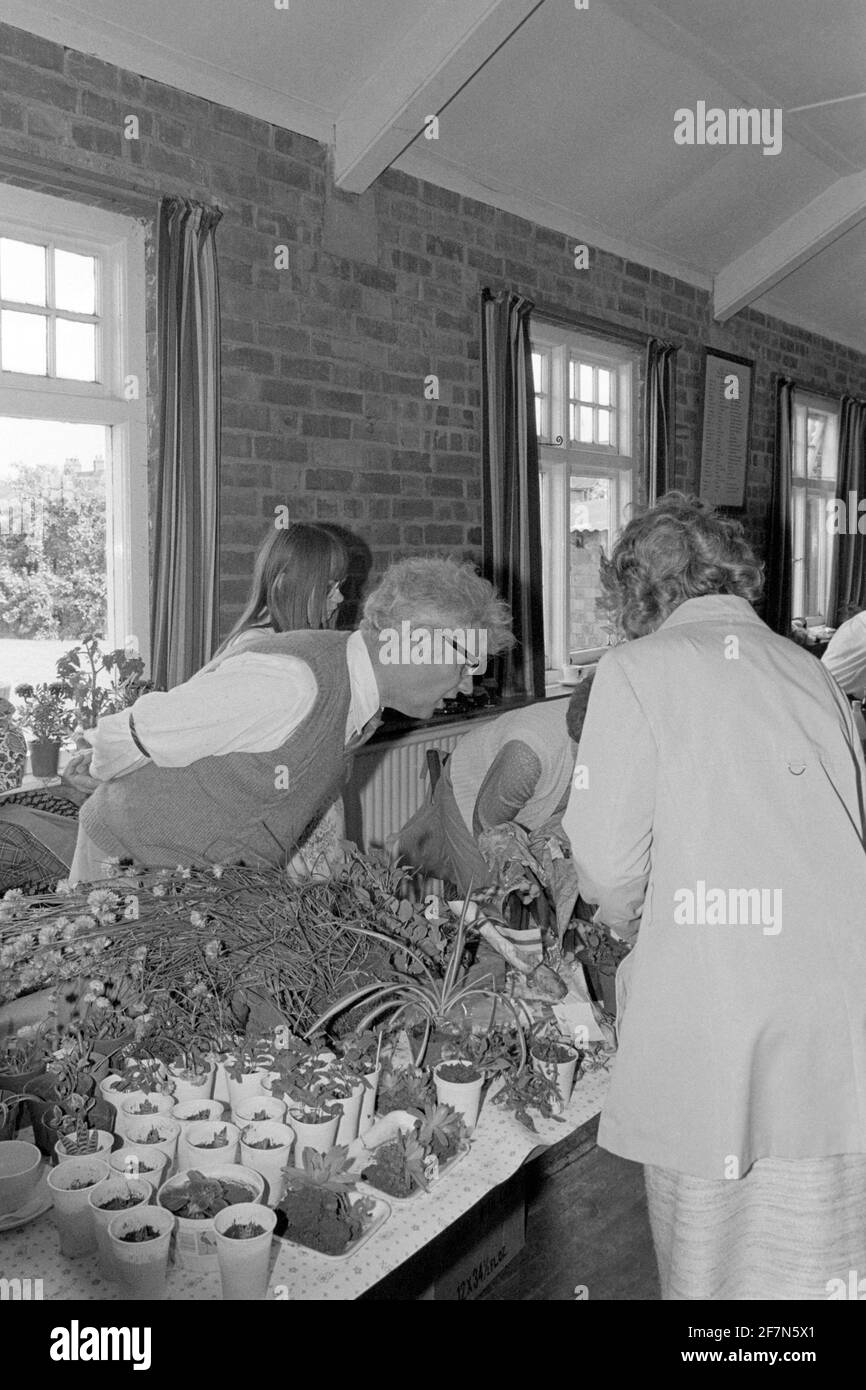 flowers for sale at traditional indoor church hall fete bring and buy jumble sale late 1970s uk Stock Photo