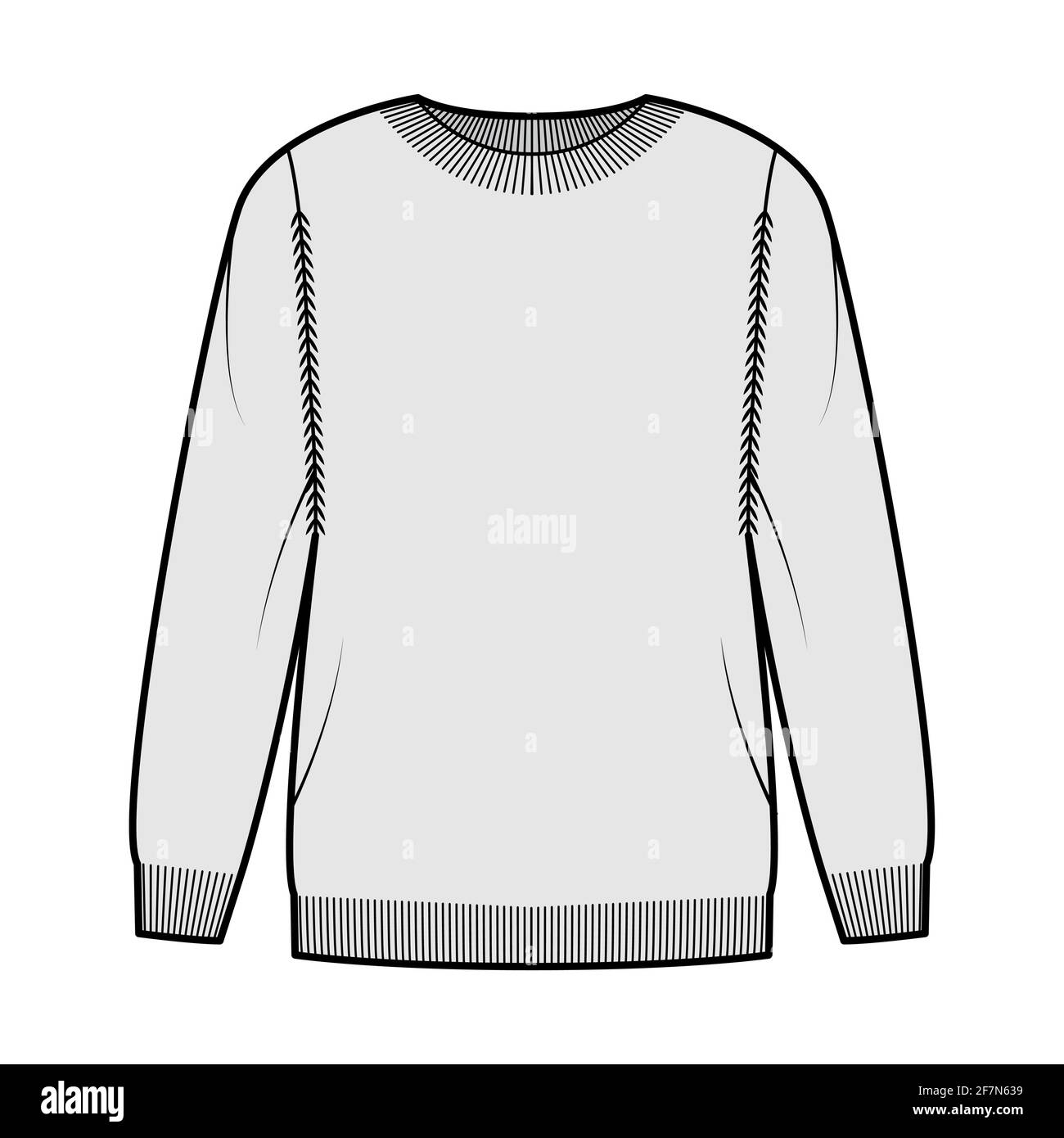 Sweater technical fashion illustration with rib crew neck, long sleeves,  oversized, thigh length, knit cuff trim. Flat pullover apparel front, grey  color style. Women, men unisex CAD mockup Stock Vector Image &