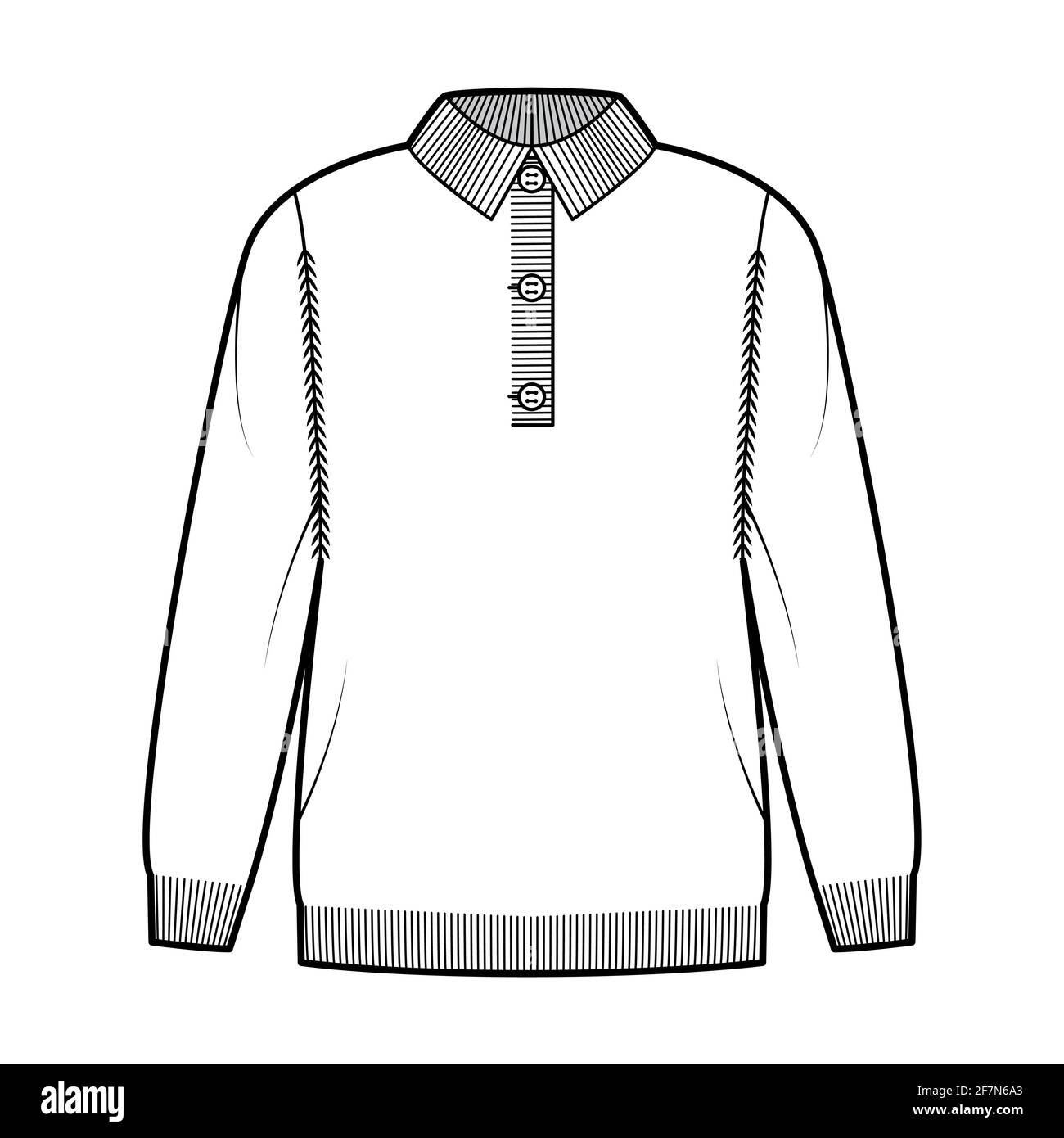 Polo Sweater technical fashion illustration with rib henley neck