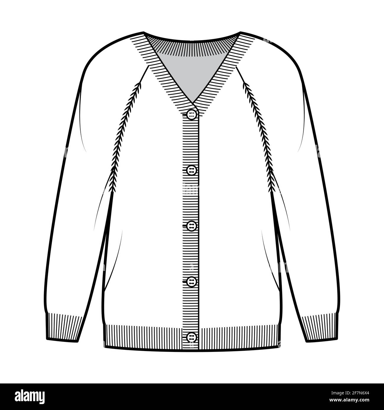 Sweater cardigan technical fashion illustration with V- neck, long raglan  sleeves, oversized, fingertip length, knit rib trim. Flat apparel front,  white color style. Women, men unisex CAD mockup Stock Vector Image &