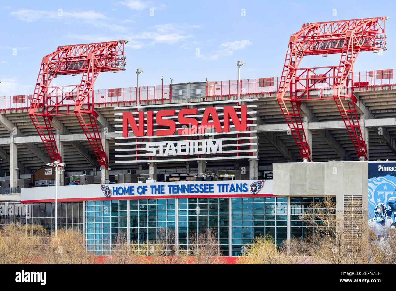 Nissan Stadium is mainly home to the NFL's Tennessee Titans but also hosts other football and soccer games, concerts, and events. Stock Photo