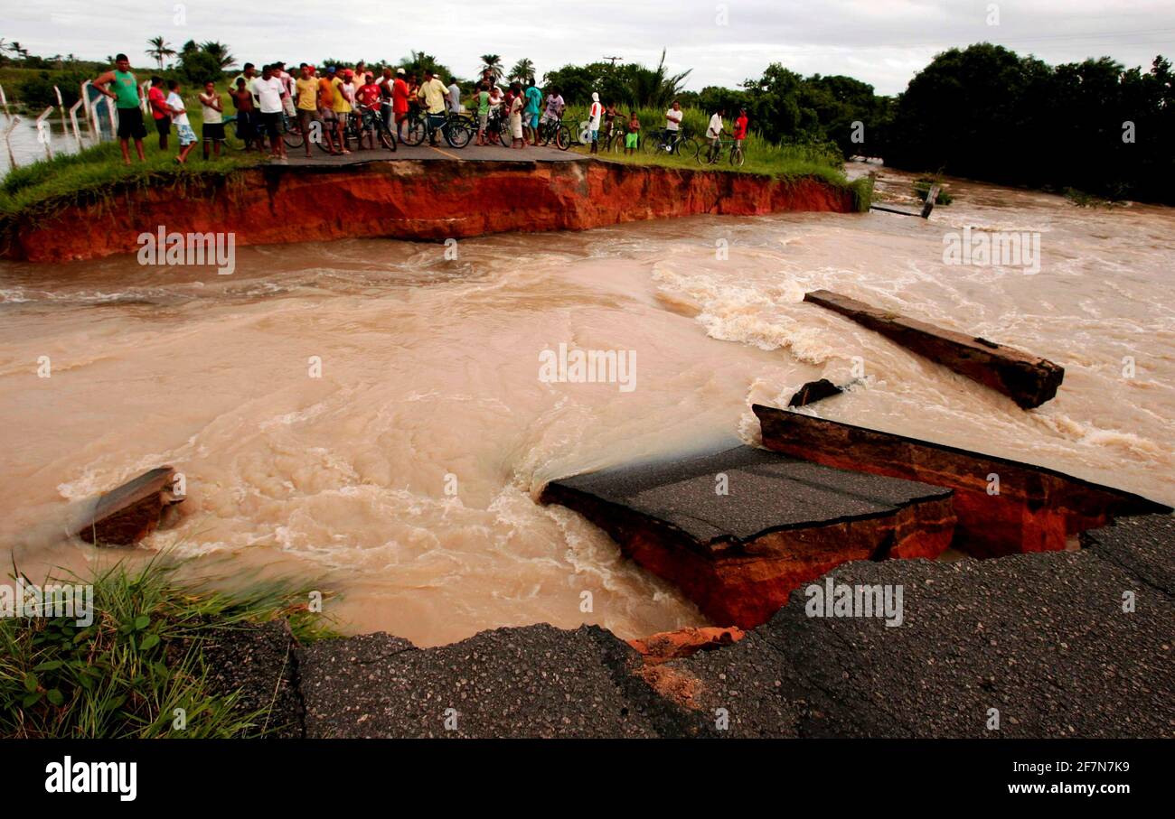 prado, bahia / brazil - april 8, 2010: bridge on highway br 489 is destroyed due to flooding of Campinho stream. communities are isolated in the munic Stock Photo