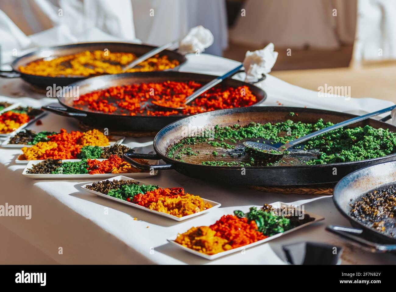 Detail of different types of special Valencian paellas, a typical rice