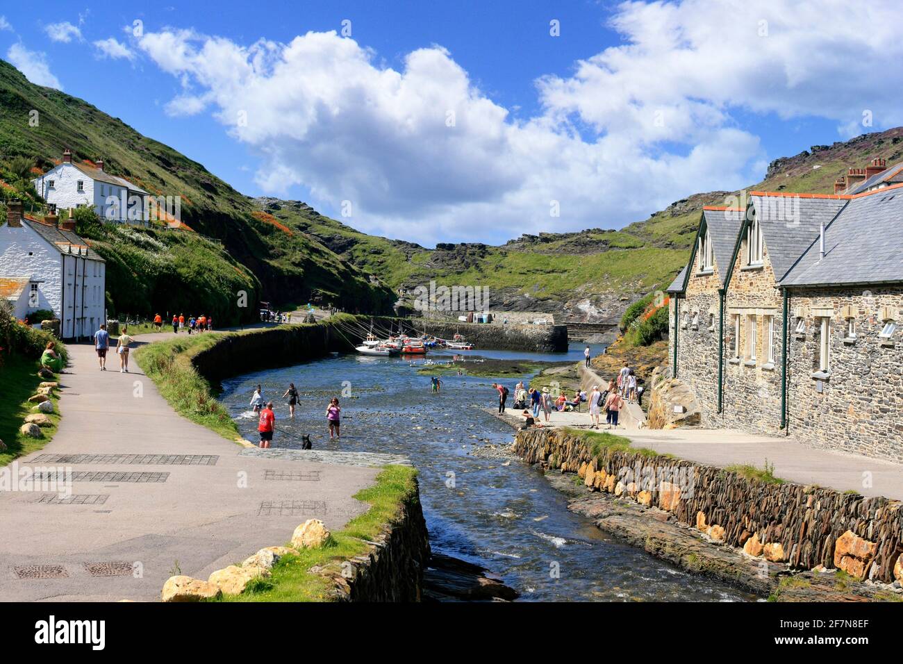 The river that runs down to the harbor off the Cornish hills at Boscastle Cornwall Stock Photo