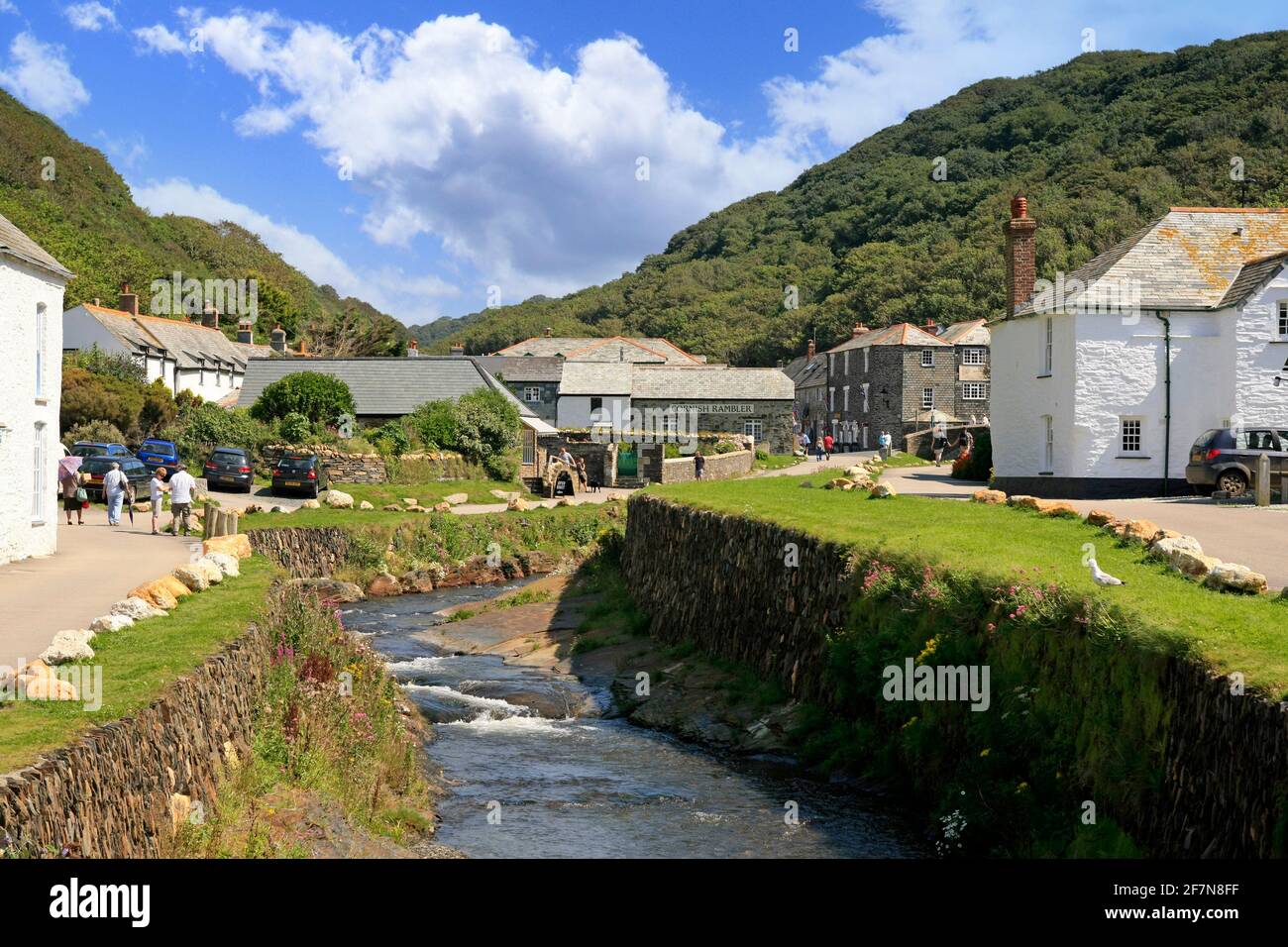 The river that runs down to the harbor off the Cornish hills at Boscastle Cornwall Stock Photo