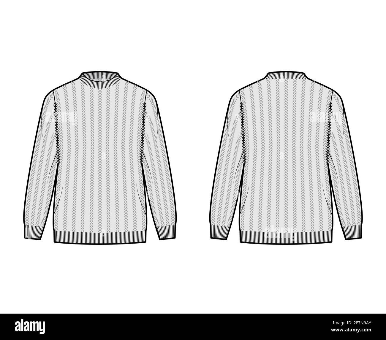 Ribbed Sweater technical fashion illustration with rib crew neck, long