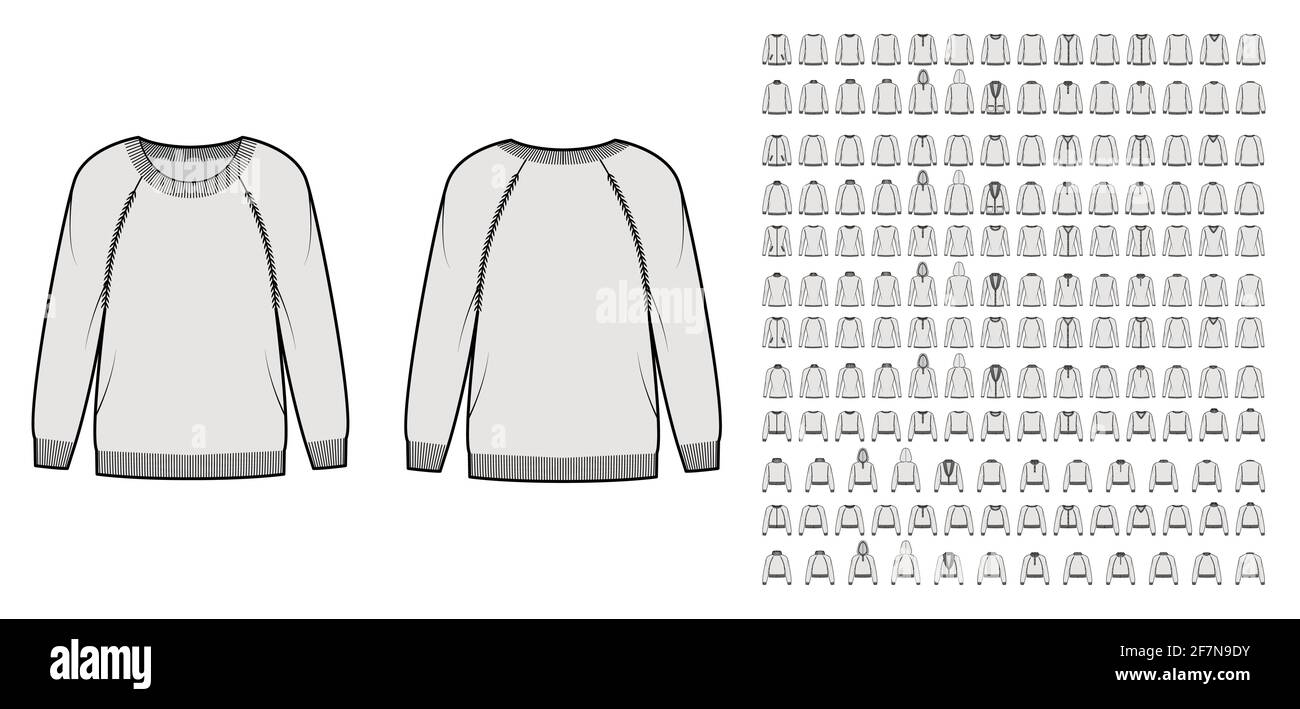 Set of Sweaters, cardigans technical fashion illustration with hood long raglan sleeves, waist, hip length, knit rib trim. Flat jumpers apparel front, back grey color. Women men unisex CAD mockup Stock Vector
