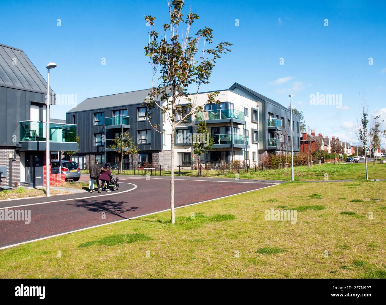 New modern housing development on site where three large tower blocks were demolished by controlled explosion Blackpool Lancashire England (See EXP1) Stock Photo