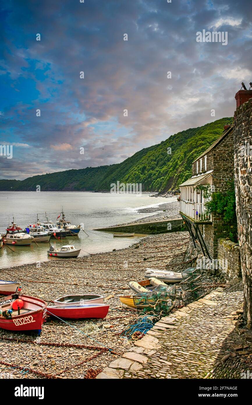 Boats in the harbor at Clovelly in Devon Stock Photo