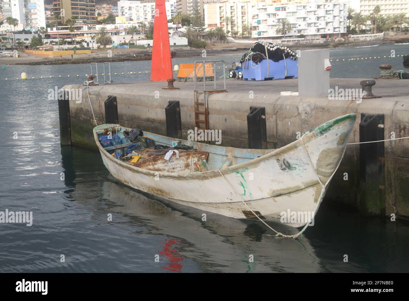 Canary Islands, Spain. 08th Apr, 2021. The Salvamar Alborán boat has escorted a cayuco with thirteen sub-Saharan immigrants on board to the port of Los Cristianos, in the south of Tenerife, located this Thursday by a fishing boat 67 kilometers from the coast meanwhile the Raices camp has more than 1600 immigrants leaving in bad conditions. (Photo by Mercedes Menendez/Pacific Press) Credit: Pacific Press Media Production Corp./Alamy Live News Stock Photo