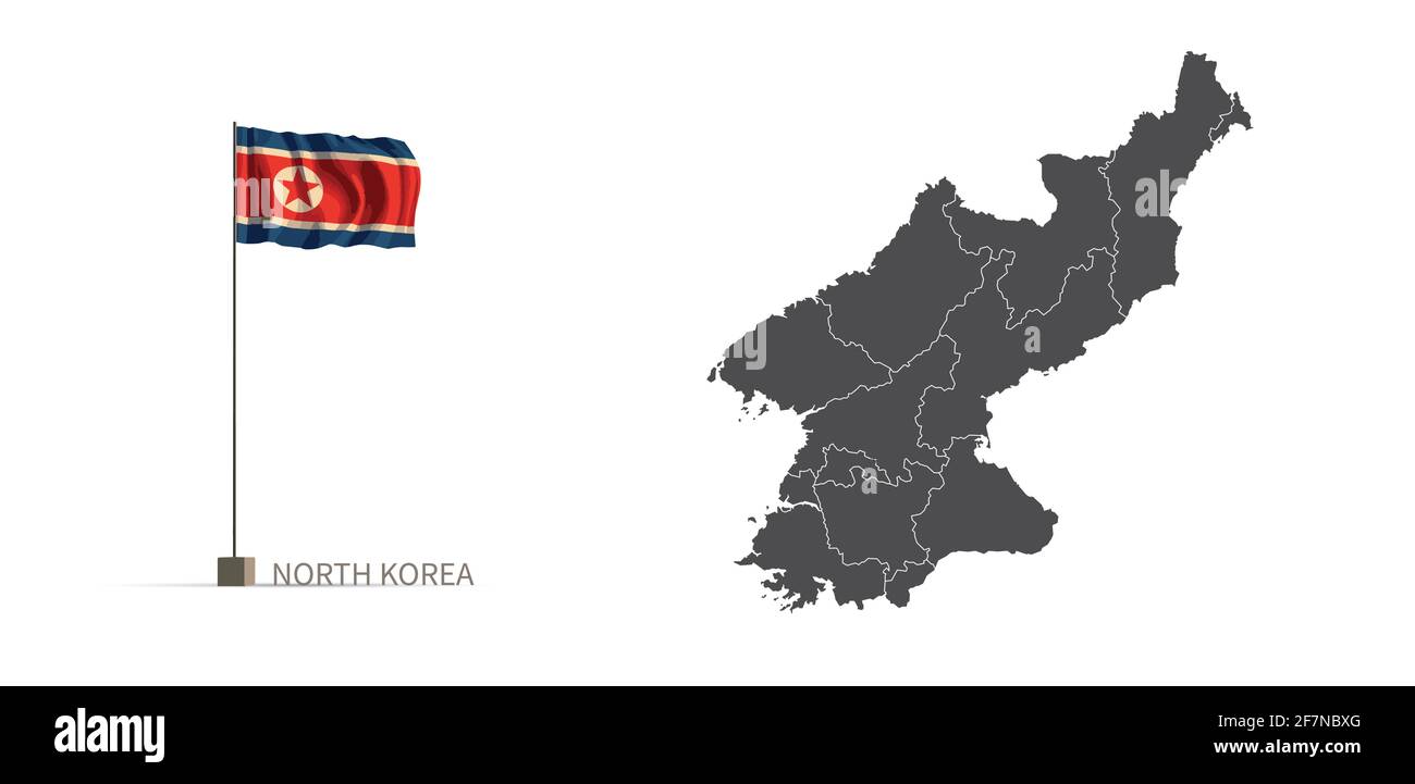 North korea map. gray country map and flag 3d illustration vector Stock