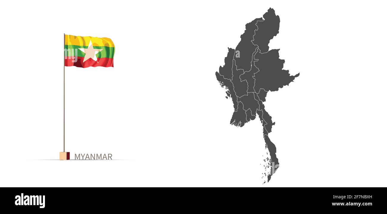 Myanmar map. gray country map and flag 3d illustration vector. Stock Vector