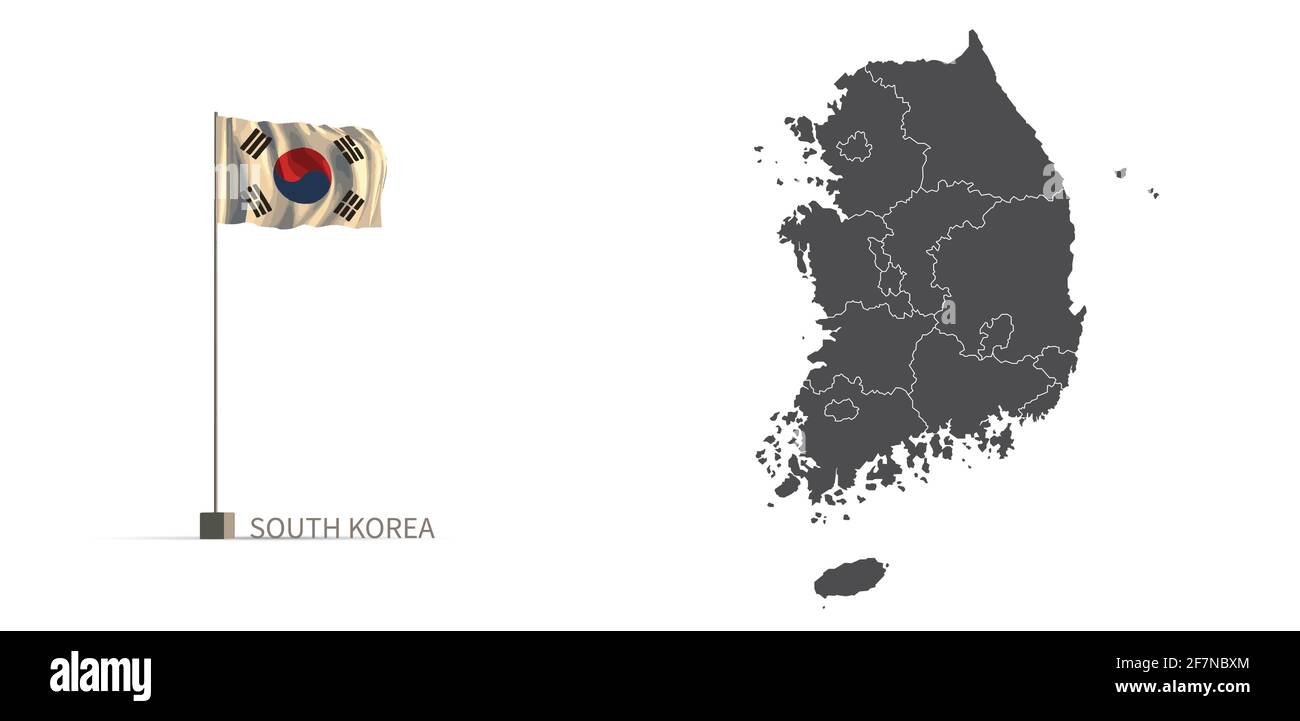 South korea map. gray country map and flag 3d illustration vector. Stock Vector