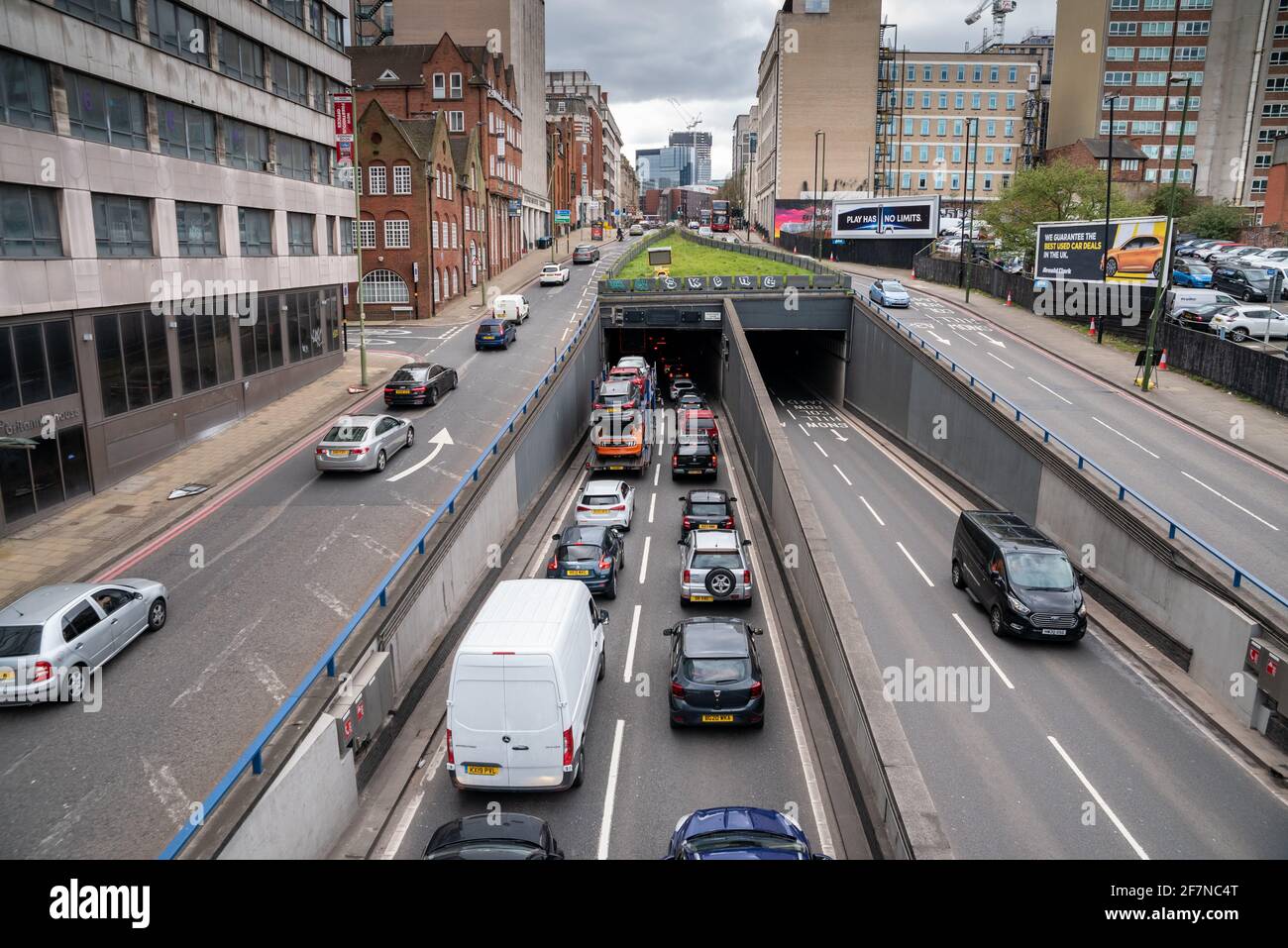 Traffic entering the A4400 Queensway tunnel in Birmingham, UK Stock Photo