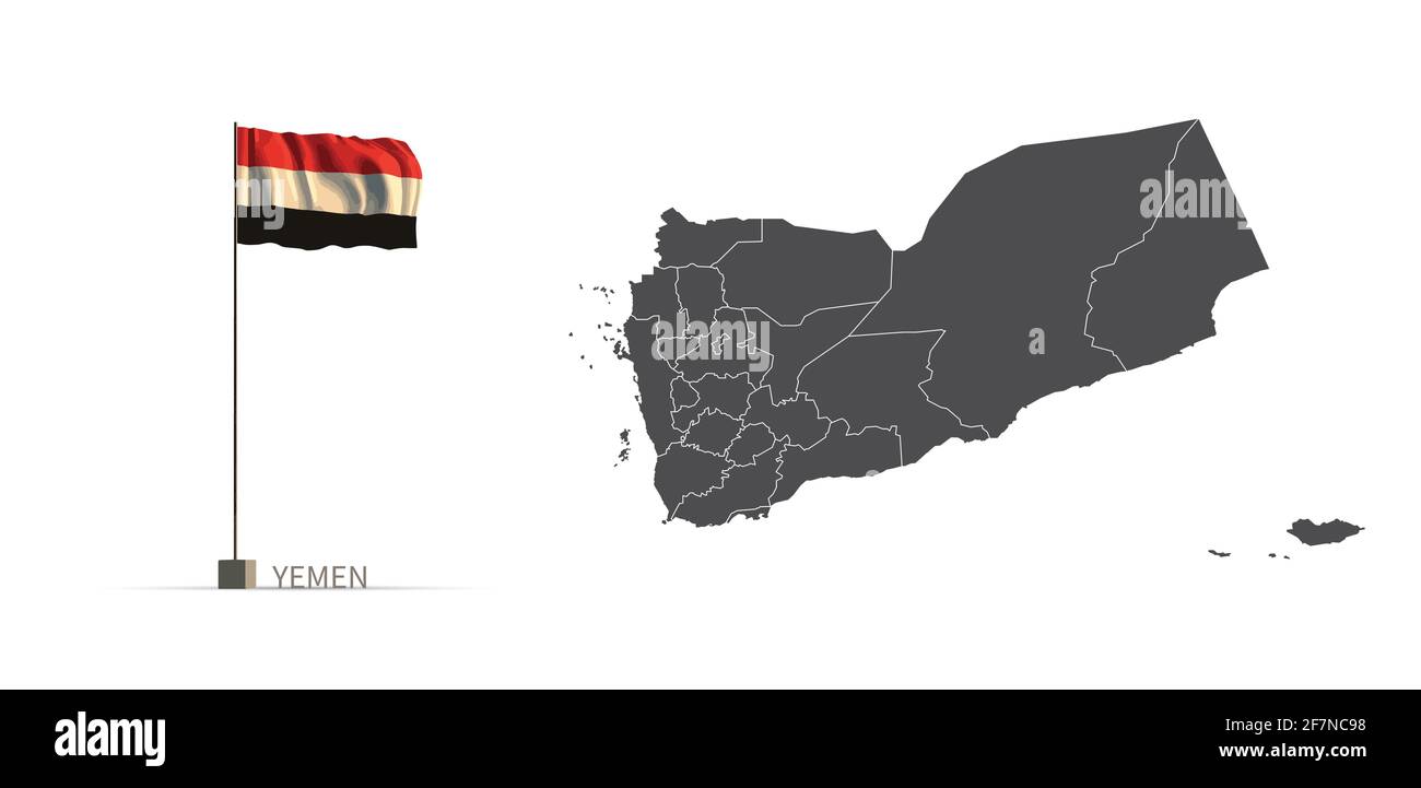 Yemen map. gray country map and flag 3d illustration vector Stock ...