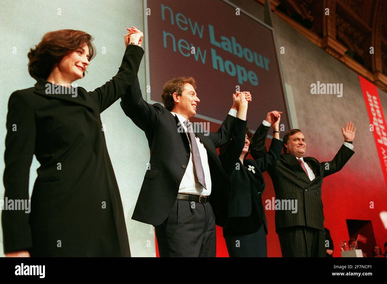 Labour Leader Tony Blair and wife Cherie with Deputy Leader John